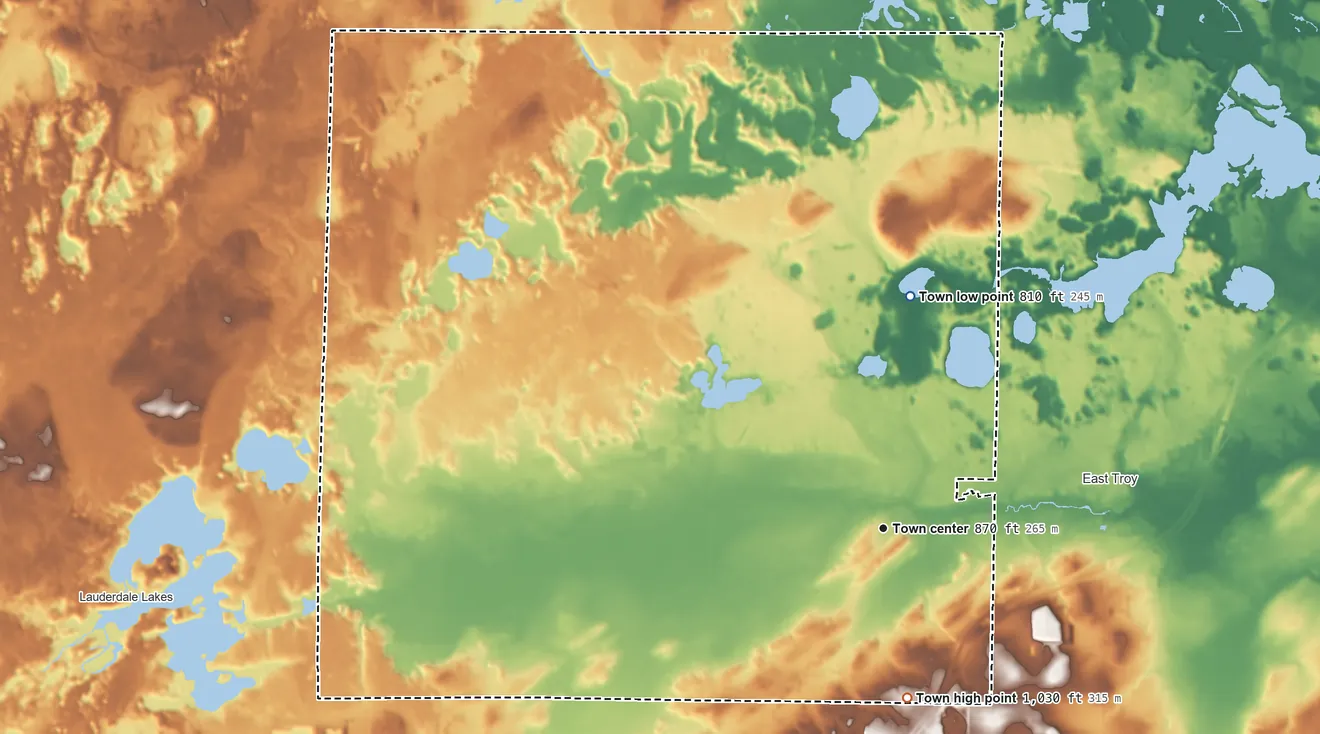 Topographic elevation map of Troy, Walworth County, Wisconsin, shaded from 810 ft on the north side to 1,030 ft on the south side