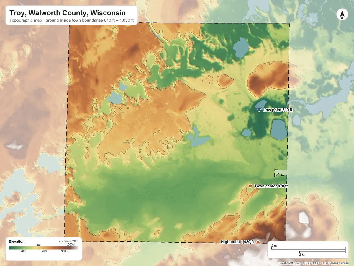 Topographic elevation map of Troy, Walworth County, Wisconsin, shaded from 810 ft on the north side to 1,030 ft on the south side