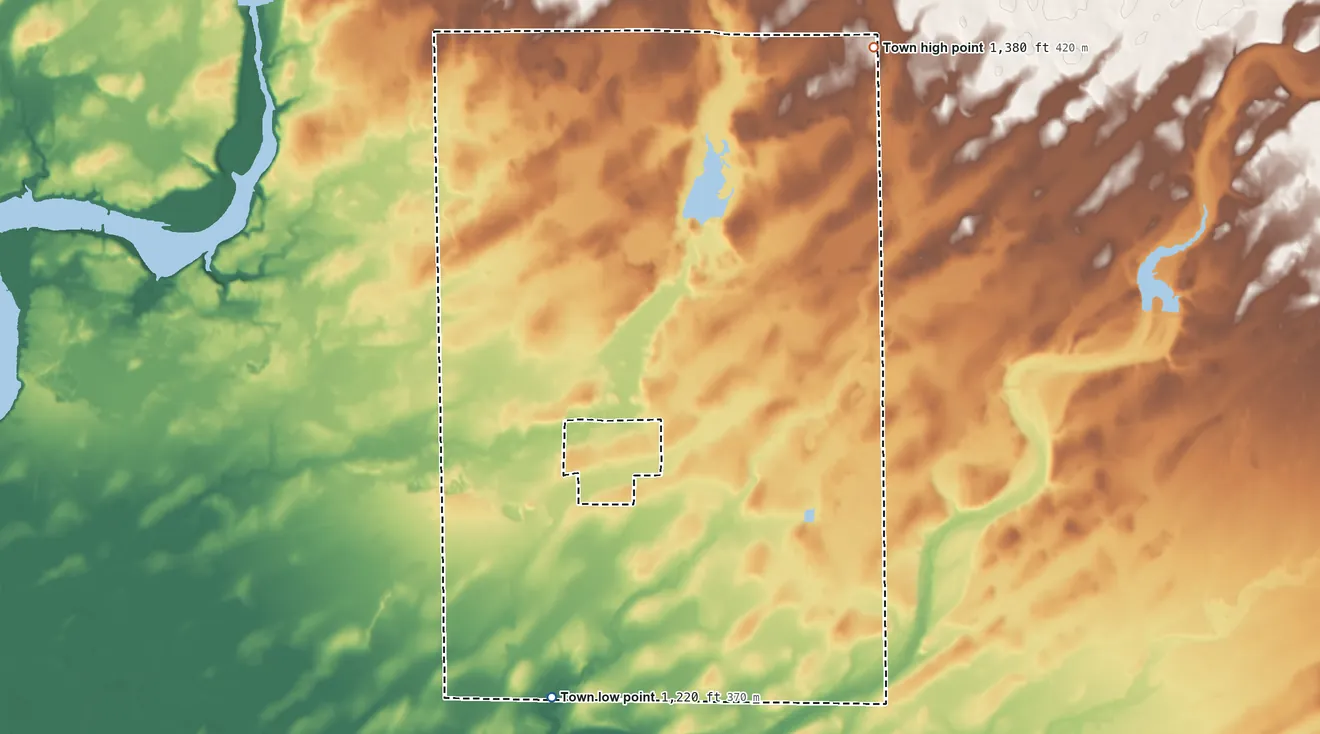 Topographic elevation map of True, Wisconsin, shaded from 1,220 ft on the south side to 1,380 ft on the northeast side