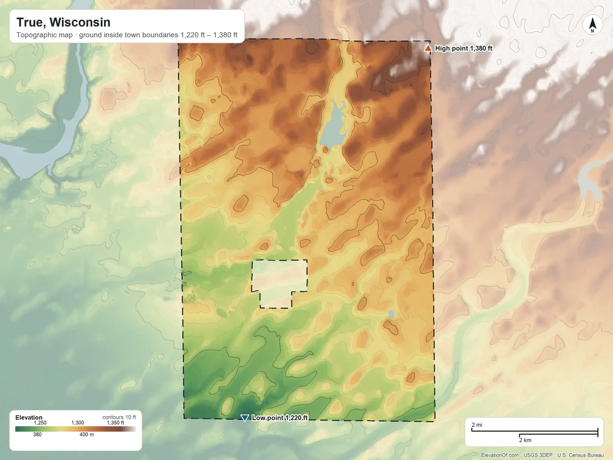 Topographic elevation map of True, Wisconsin, shaded from 1,220 ft on the south side to 1,380 ft on the northeast side