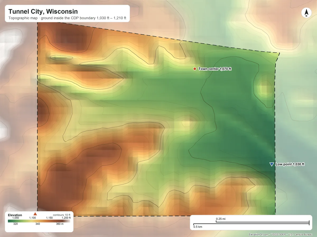 Topographic elevation map of Tunnel City, Wisconsin, shaded from 1,030 ft on the southeast side to 1,210 ft on the southwest side