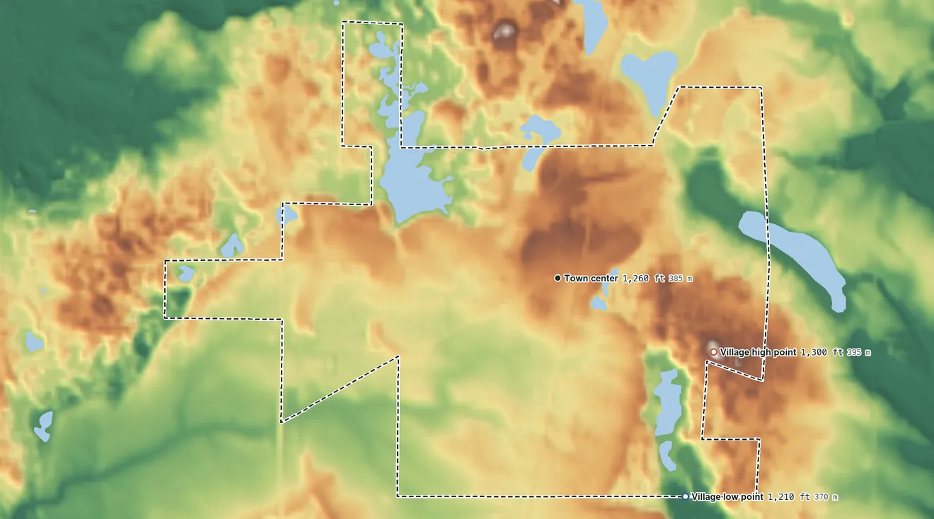 Topographic elevation map of Turtle Lake, Wisconsin, shaded from 1,210 ft on the southeast side to 1,300 ft on the southeast side