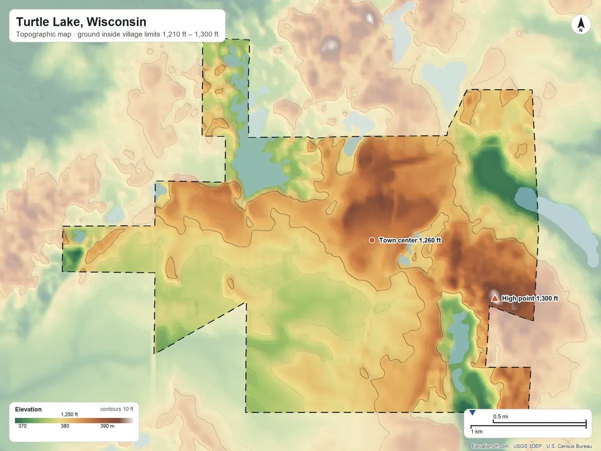 Topographic elevation map of Turtle Lake, Wisconsin, shaded from 1,210 ft on the southeast side to 1,300 ft on the southeast side