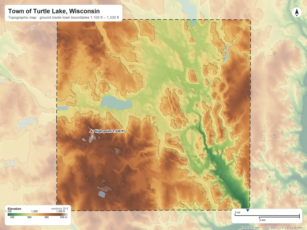 Topographic elevation map of Town of Turtle Lake, Wisconsin, shaded from 1,100 ft on the southeast side to 1,330 ft on the southwest side