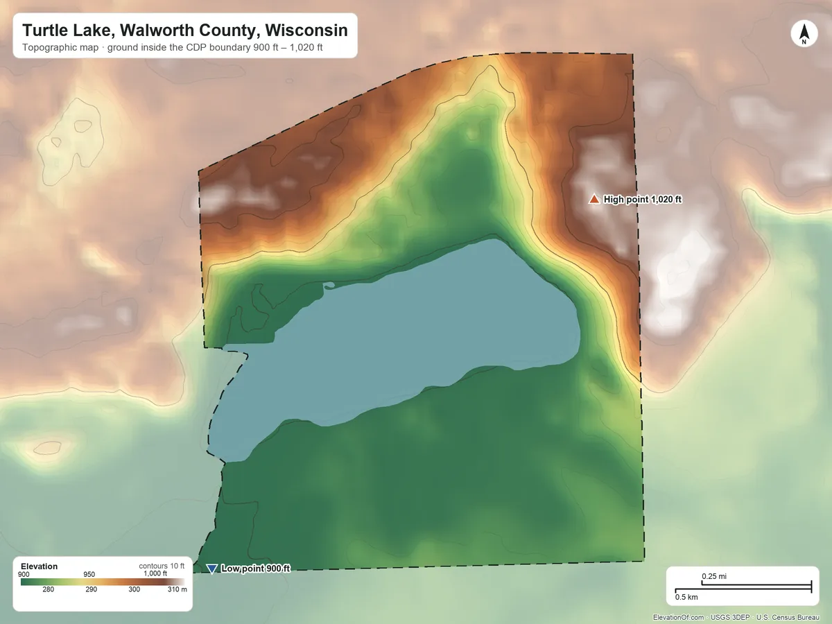 Topographic elevation map of Turtle Lake, Walworth County, Wisconsin, shaded from 900 ft on the southwest side to 1,020 ft near the middle