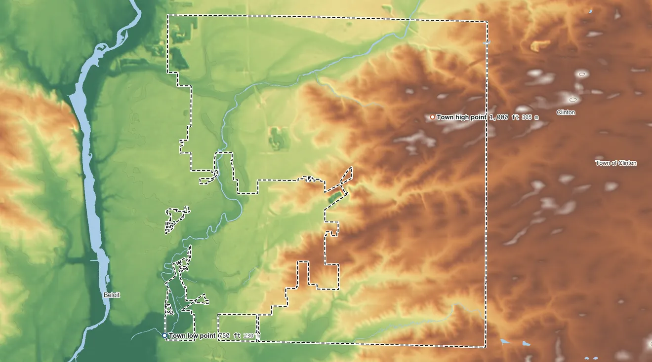 Topographic elevation map of Turtle, Wisconsin, shaded from 750 ft on the southwest side to 1,000 ft on the east side