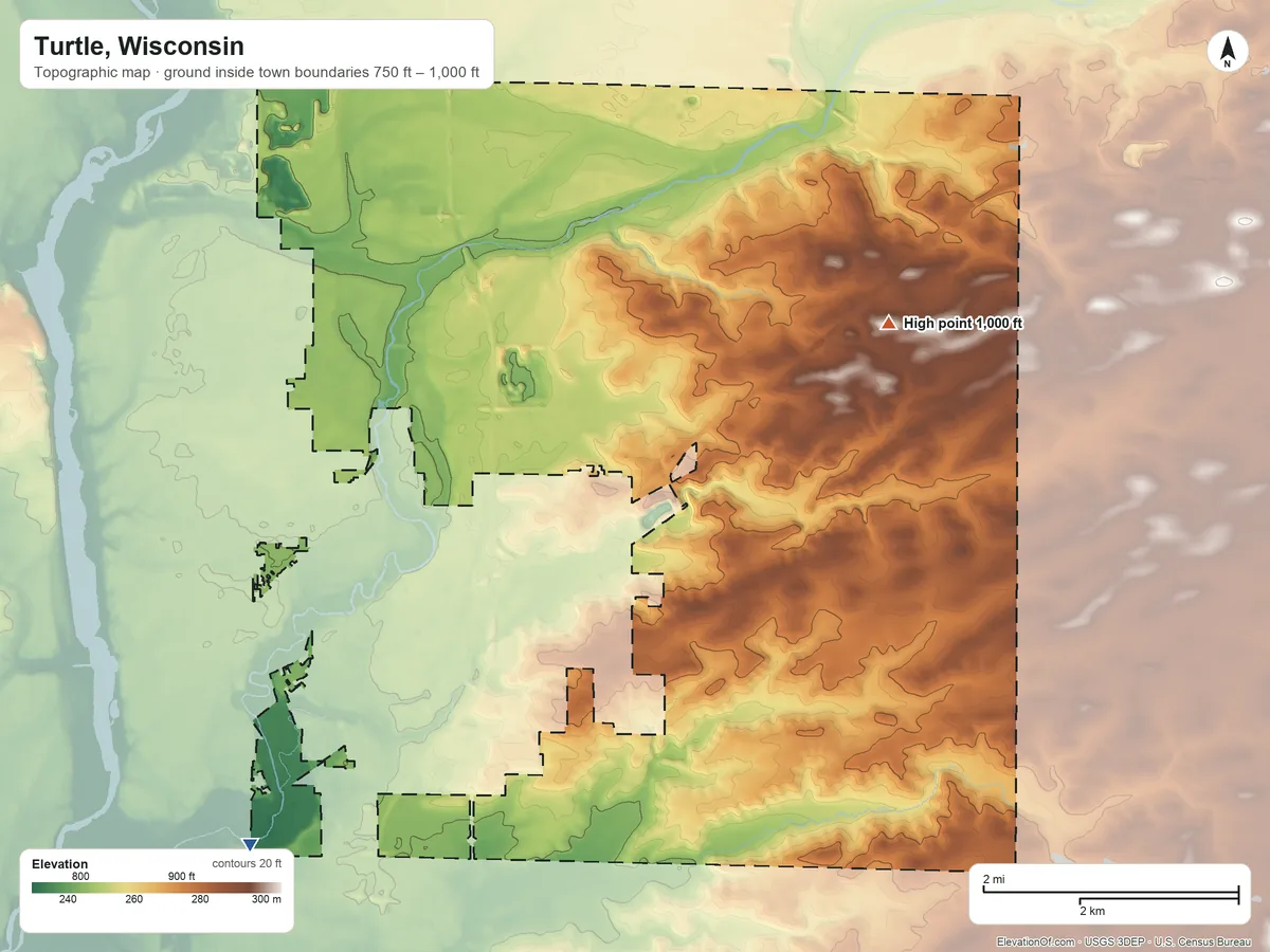 Topographic elevation map of Turtle, Wisconsin, shaded from 750 ft on the southwest side to 1,000 ft on the east side