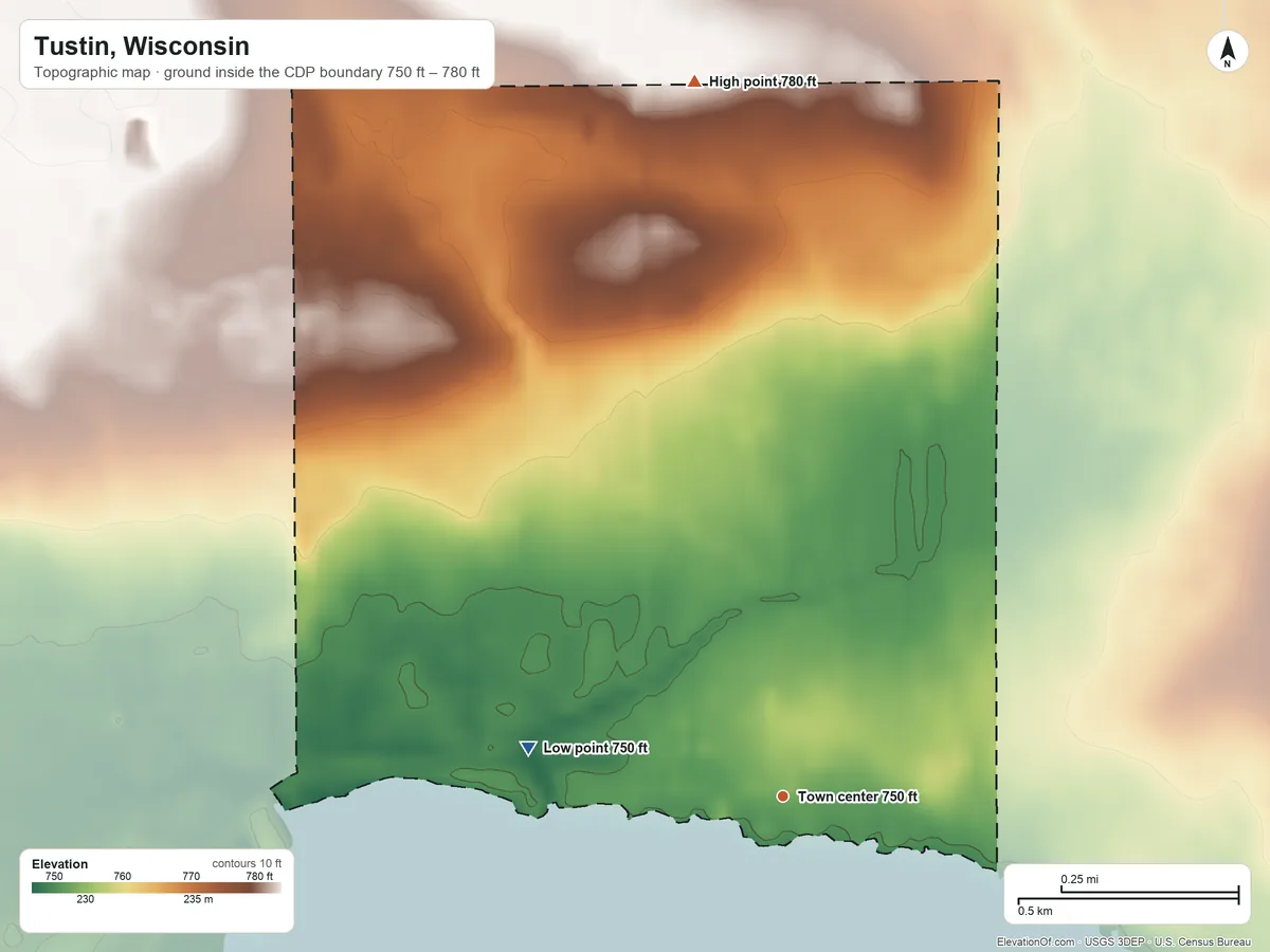 Topographic elevation map of Tustin, Wisconsin, shaded from 750 ft on the west side to 780 ft on the north side