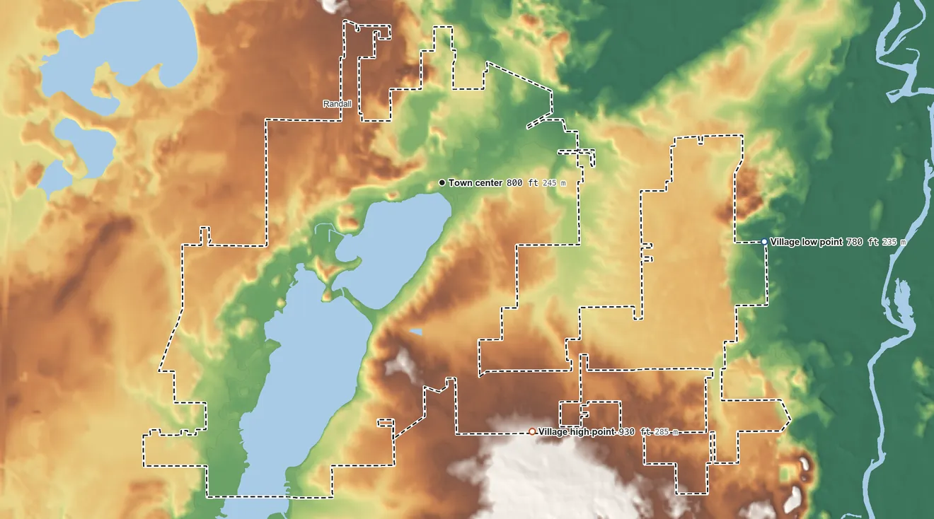 Topographic elevation map of Twin Lakes, Wisconsin, shaded from 780 ft on the east side to 930 ft on the south side