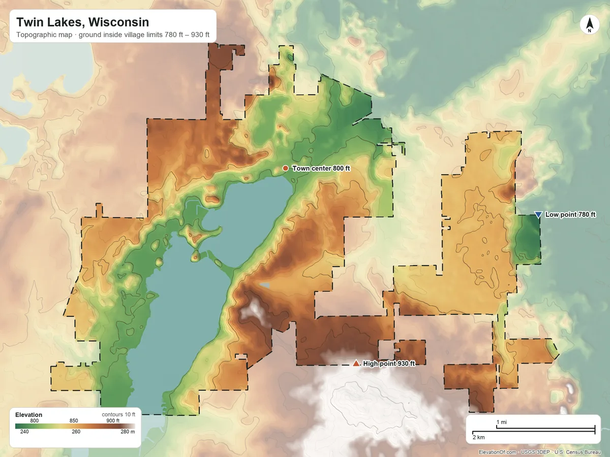 Topographic elevation map of Twin Lakes, Wisconsin, shaded from 780 ft on the east side to 930 ft on the south side