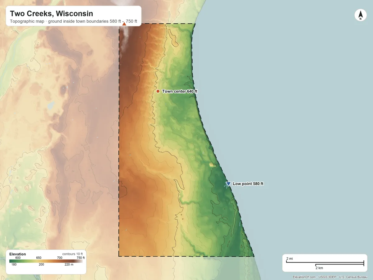 Topographic elevation map of Two Creeks, Wisconsin, shaded from 580 ft on the southeast side to 750 ft on the northwest side