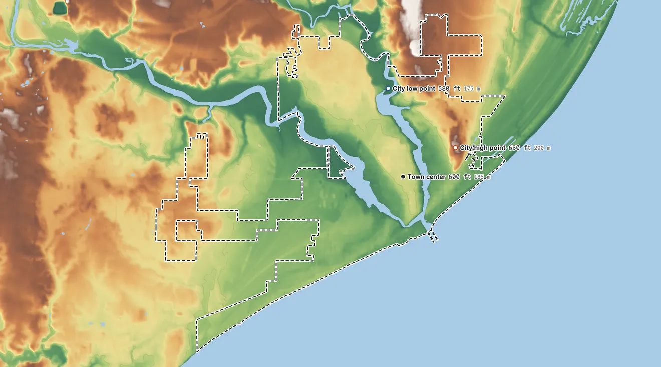 Topographic elevation map of Two Rivers, Wisconsin, shaded from 580 ft on the north side to 650 ft on the northeast side