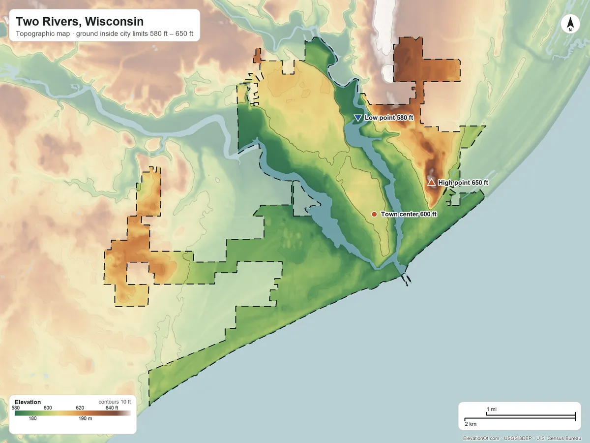 Topographic elevation map of Two Rivers, Wisconsin, shaded from 580 ft on the north side to 650 ft on the northeast side
