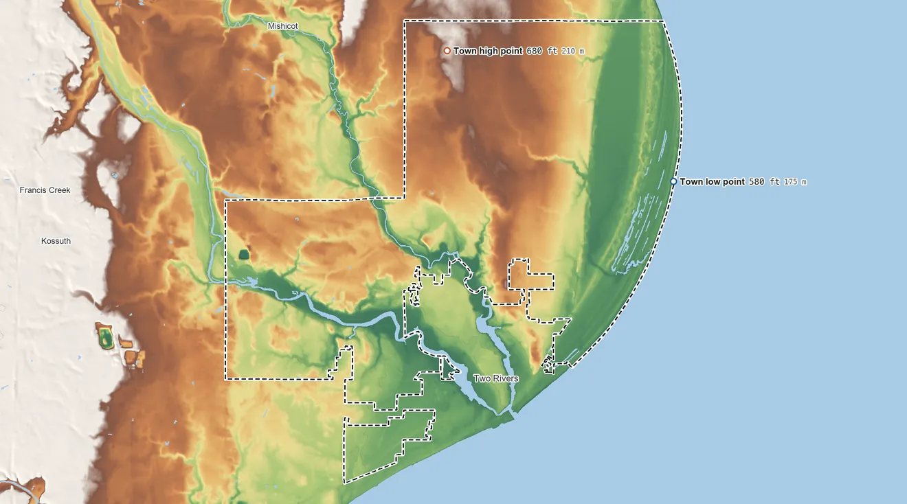 Topographic elevation map of Town of Two Rivers, Wisconsin, shaded from 580 ft on the east side to 680 ft on the north side