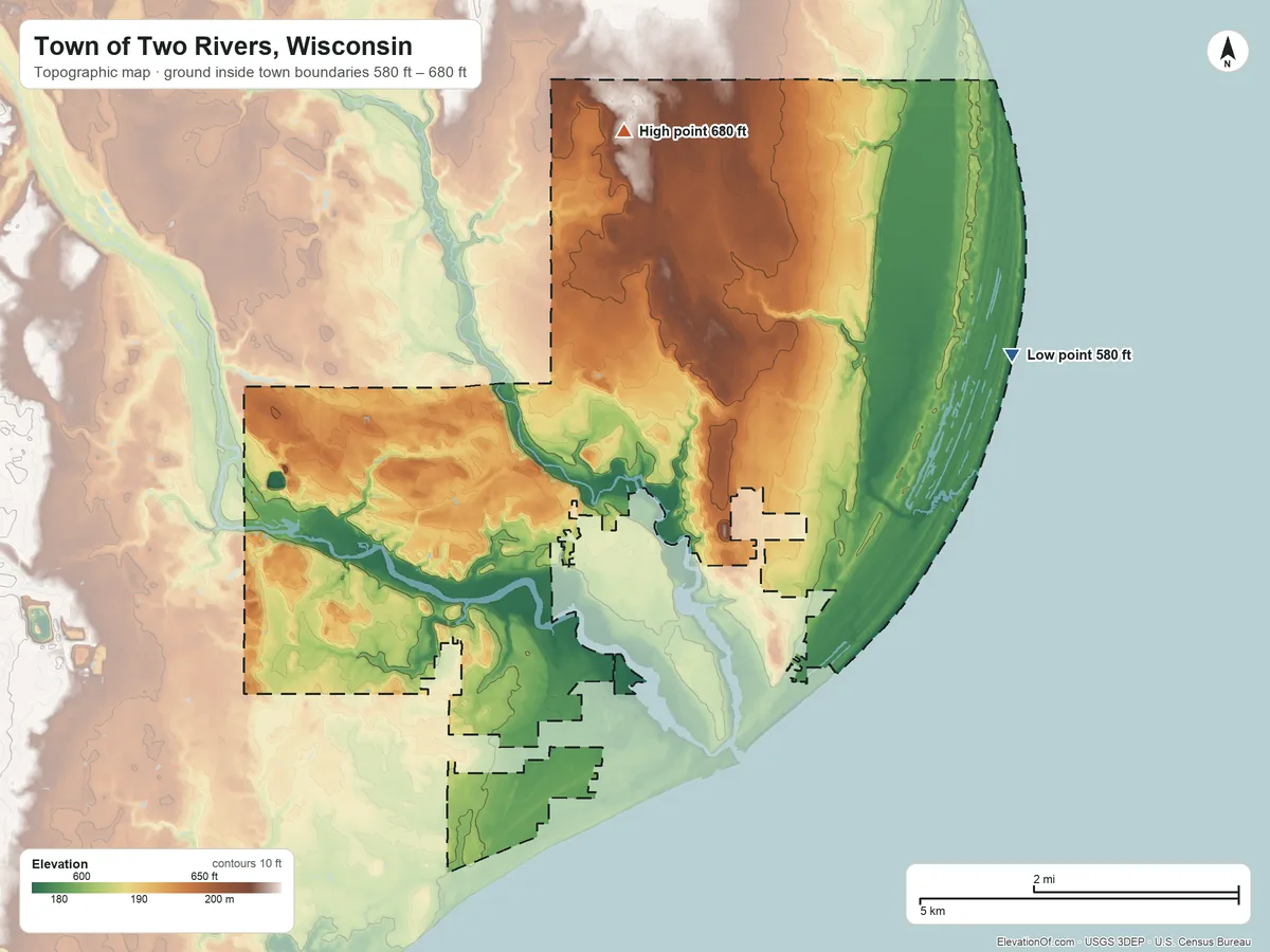 Topographic elevation map of Town of Two Rivers, Wisconsin, shaded from 580 ft on the east side to 680 ft on the north side