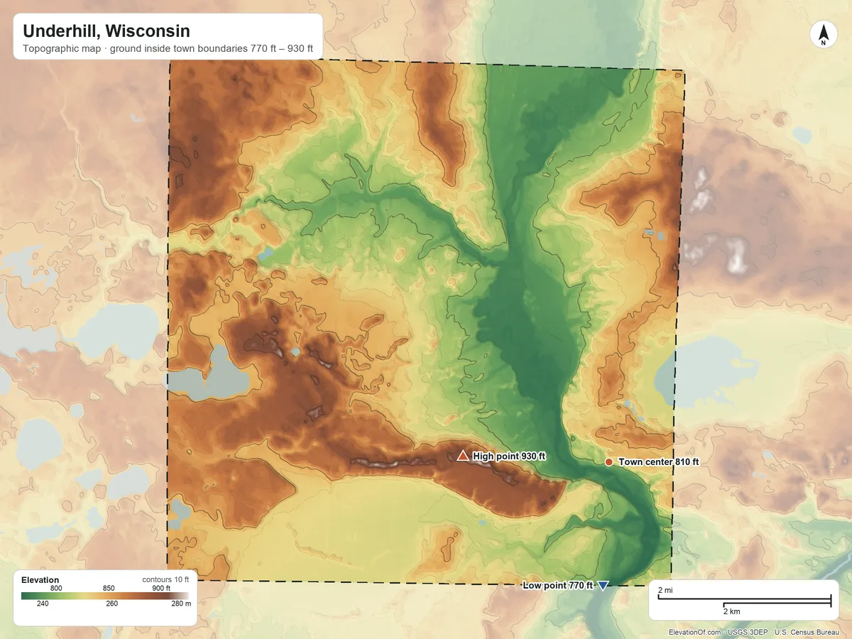 Topographic elevation map of Underhill, Wisconsin, shaded from 770 ft on the south side to 930 ft on the west side