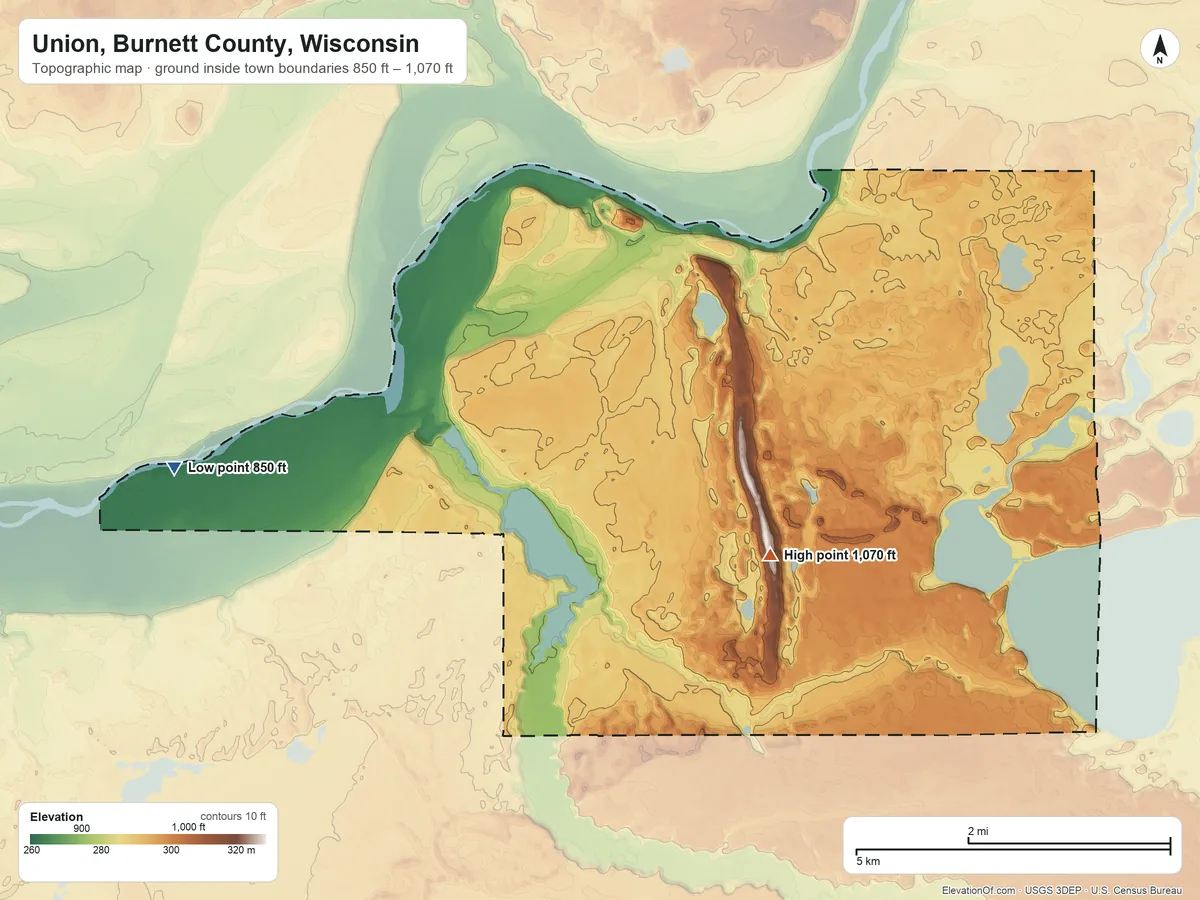 Topographic elevation map of Union, Burnett County, Wisconsin, shaded from 850 ft on the west side to 1,070 ft on the west side