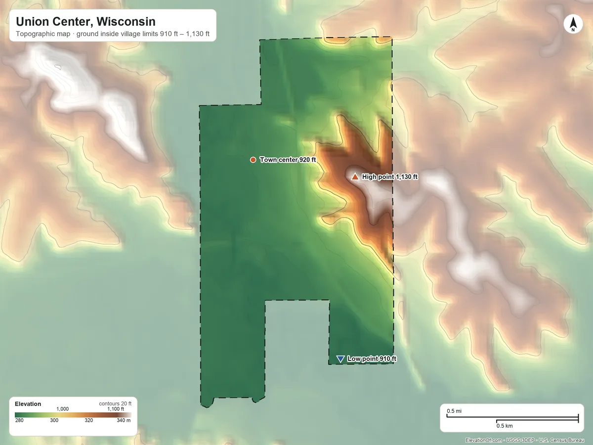 Topographic elevation map of Union Center, Wisconsin, shaded from 910 ft on the southeast side to 1,130 ft on the east side