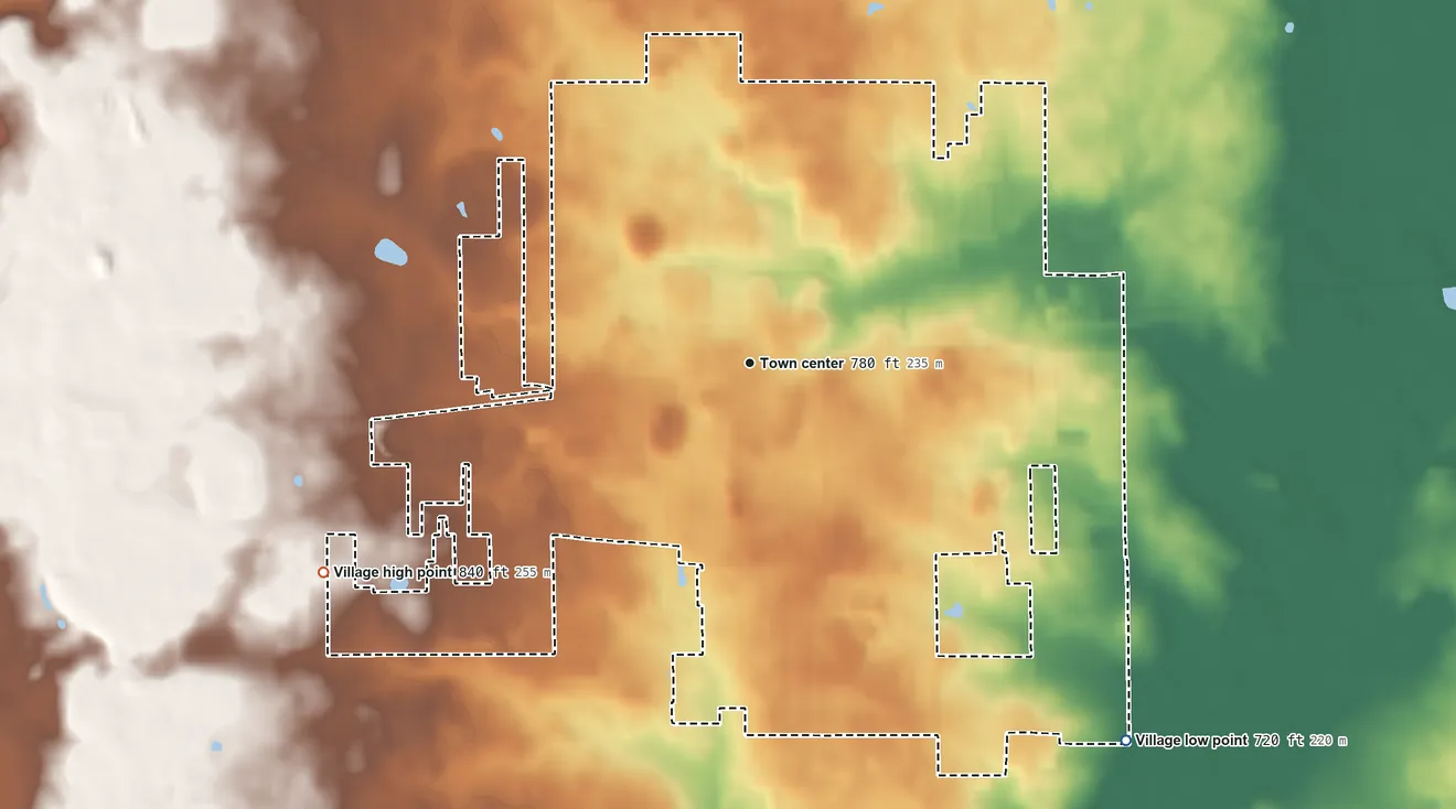 Topographic elevation map of Union Grove, Wisconsin, shaded from 720 ft on the southeast side to 840 ft on the southwest side