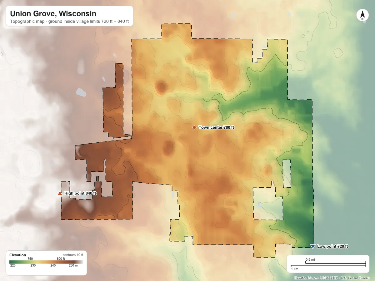 Topographic elevation map of Union Grove, Wisconsin, shaded from 720 ft on the southeast side to 840 ft on the southwest side