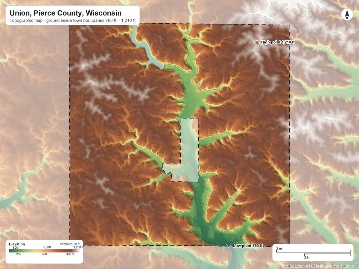 Topographic elevation map of Union, Pierce County, Wisconsin, shaded from 760 ft on the southeast side to 1,210 ft on the northeast side