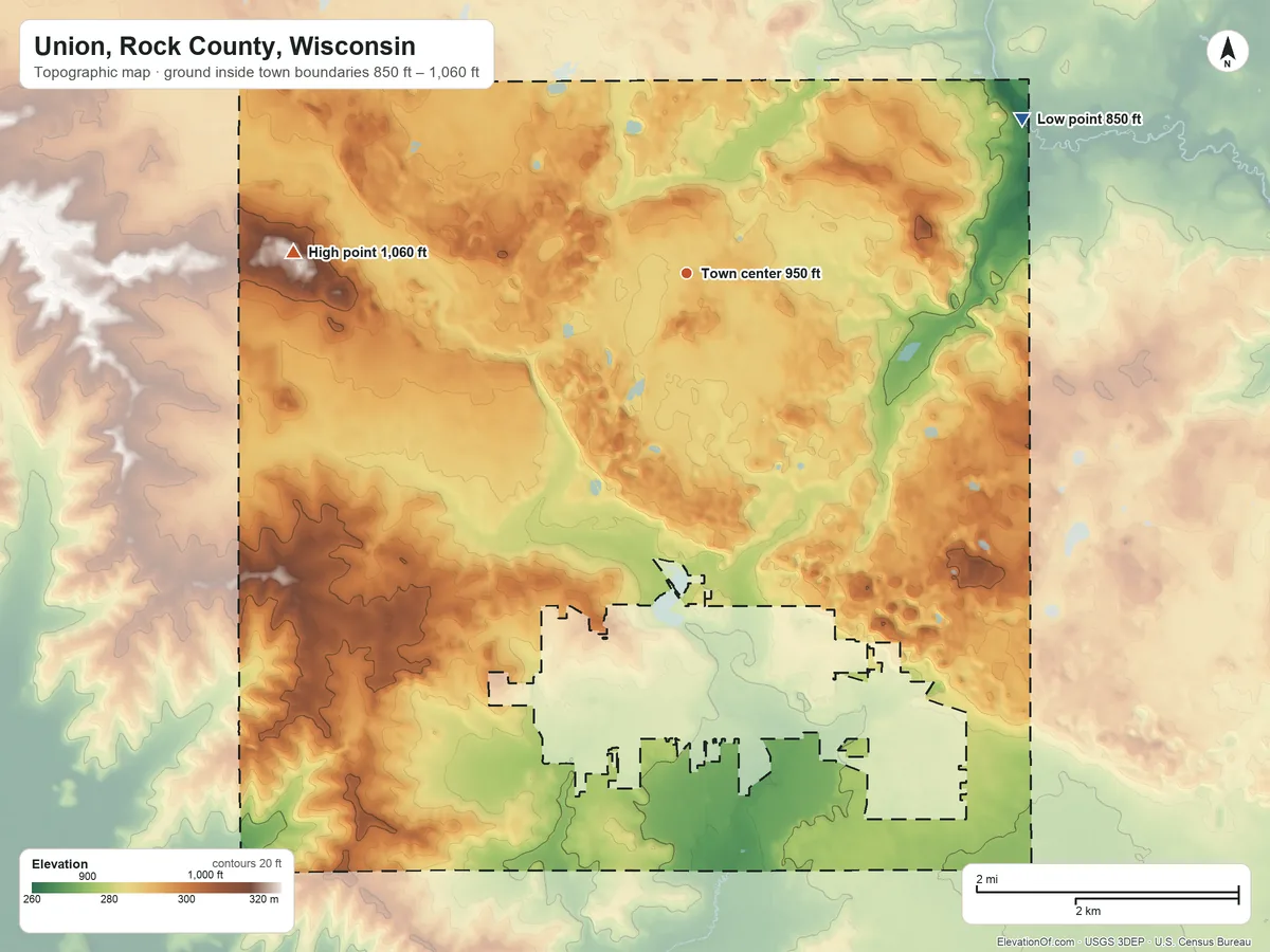 Topographic elevation map of Union, Rock County, Wisconsin, shaded from 850 ft on the northeast side to 1,060 ft on the west side