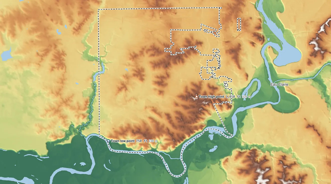 Topographic elevation map of Union, Wisconsin, shaded from 750 ft on the southwest side to 1,050 ft on the east side