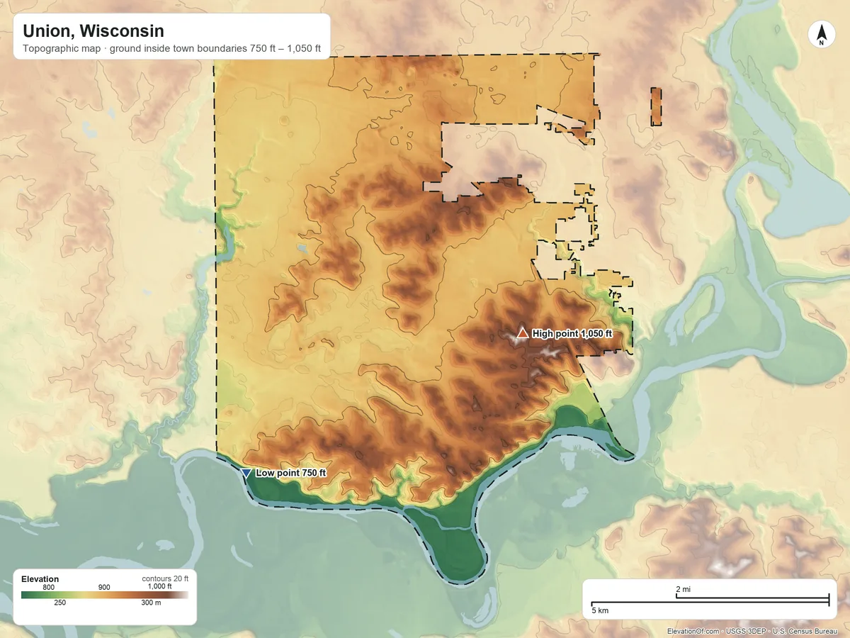 Topographic elevation map of Union, Wisconsin, shaded from 750 ft on the southwest side to 1,050 ft on the east side