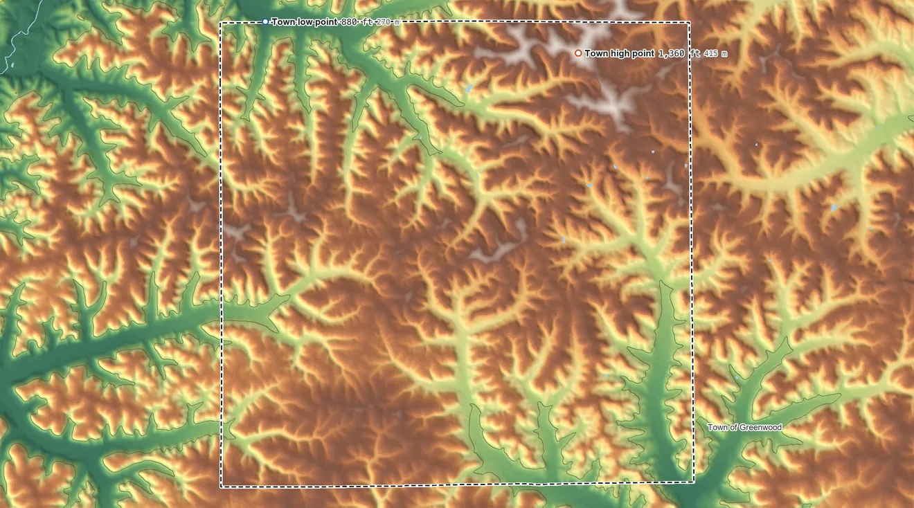 Topographic elevation map of Union, Vernon County, Wisconsin, shaded from 880 ft on the northwest side to 1,360 ft on the northeast side
