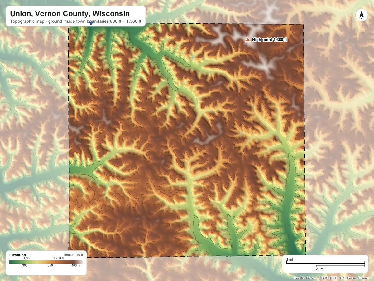Topographic elevation map of Union, Vernon County, Wisconsin, shaded from 880 ft on the northwest side to 1,360 ft on the northeast side