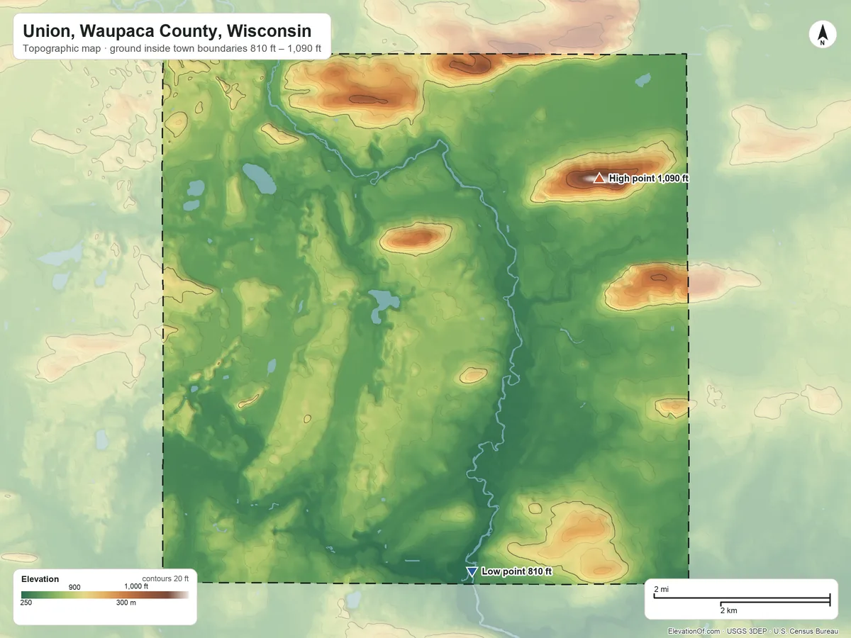 Topographic elevation map of Union, Waupaca County, Wisconsin, shaded from 810 ft on the south side to 1,090 ft on the northeast side