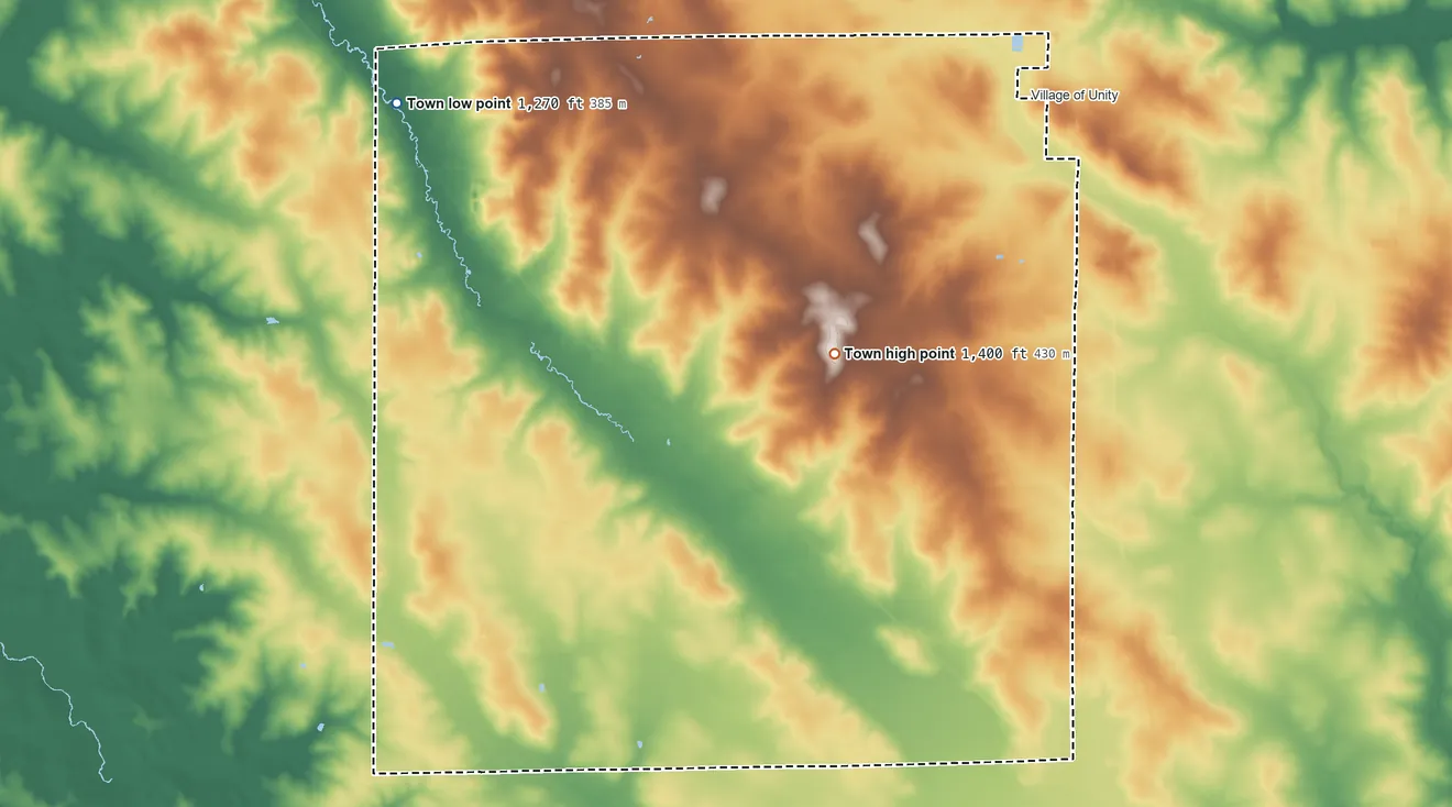 Topographic elevation map of Unity, Wisconsin, shaded from 1,270 ft on the northwest side to 1,400 ft near the middle