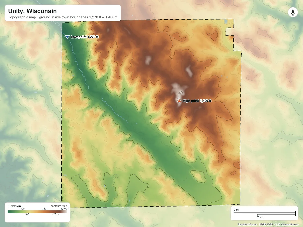 Topographic elevation map of Unity, Wisconsin, shaded from 1,270 ft on the northwest side to 1,400 ft near the middle