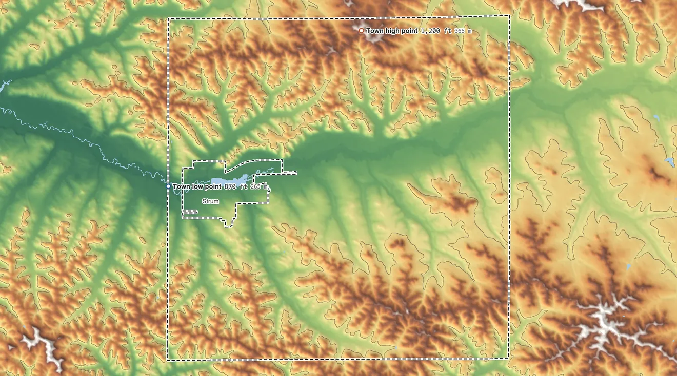 Topographic elevation map of Unity, Trempealeau County, Wisconsin, shaded from 870 ft on the west side to 1,200 ft on the north side