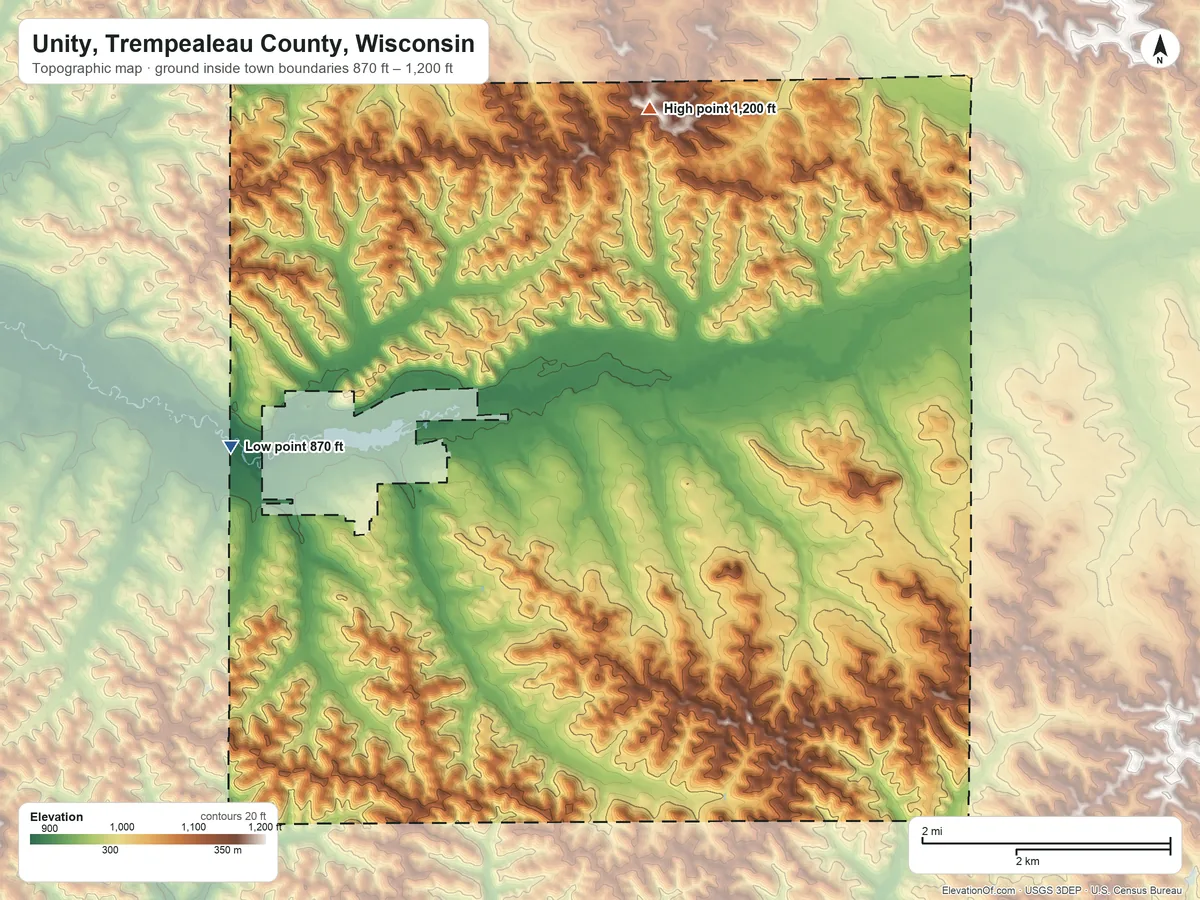 Topographic elevation map of Unity, Trempealeau County, Wisconsin, shaded from 870 ft on the west side to 1,200 ft on the north side