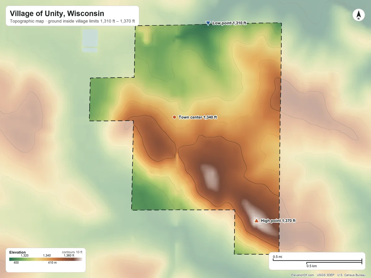 Topographic elevation map of Village of Unity, Wisconsin, shaded from 1,310 ft on the north side to 1,370 ft on the southeast side