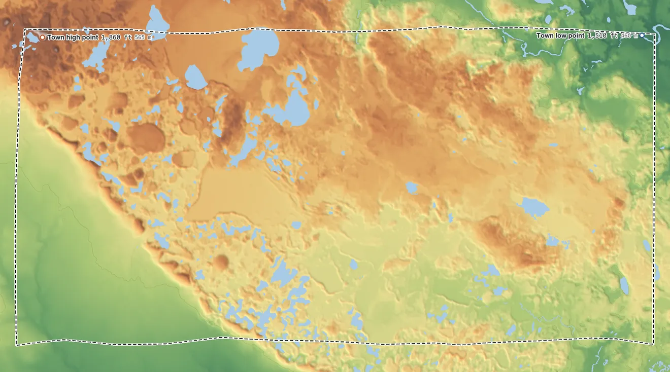 Topographic elevation map of Upham, Wisconsin, shaded from 1,510 ft on the east side to 1,860 ft on the west side