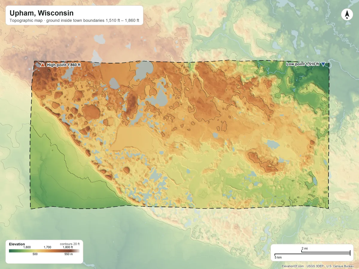 Topographic elevation map of Upham, Wisconsin, shaded from 1,510 ft on the east side to 1,860 ft on the west side