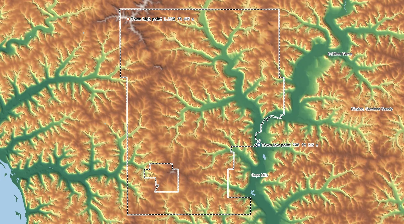 Topographic elevation map of Utica, Crawford County, Wisconsin, shaded from 700 ft on the southeast side to 1,330 ft on the northwest side