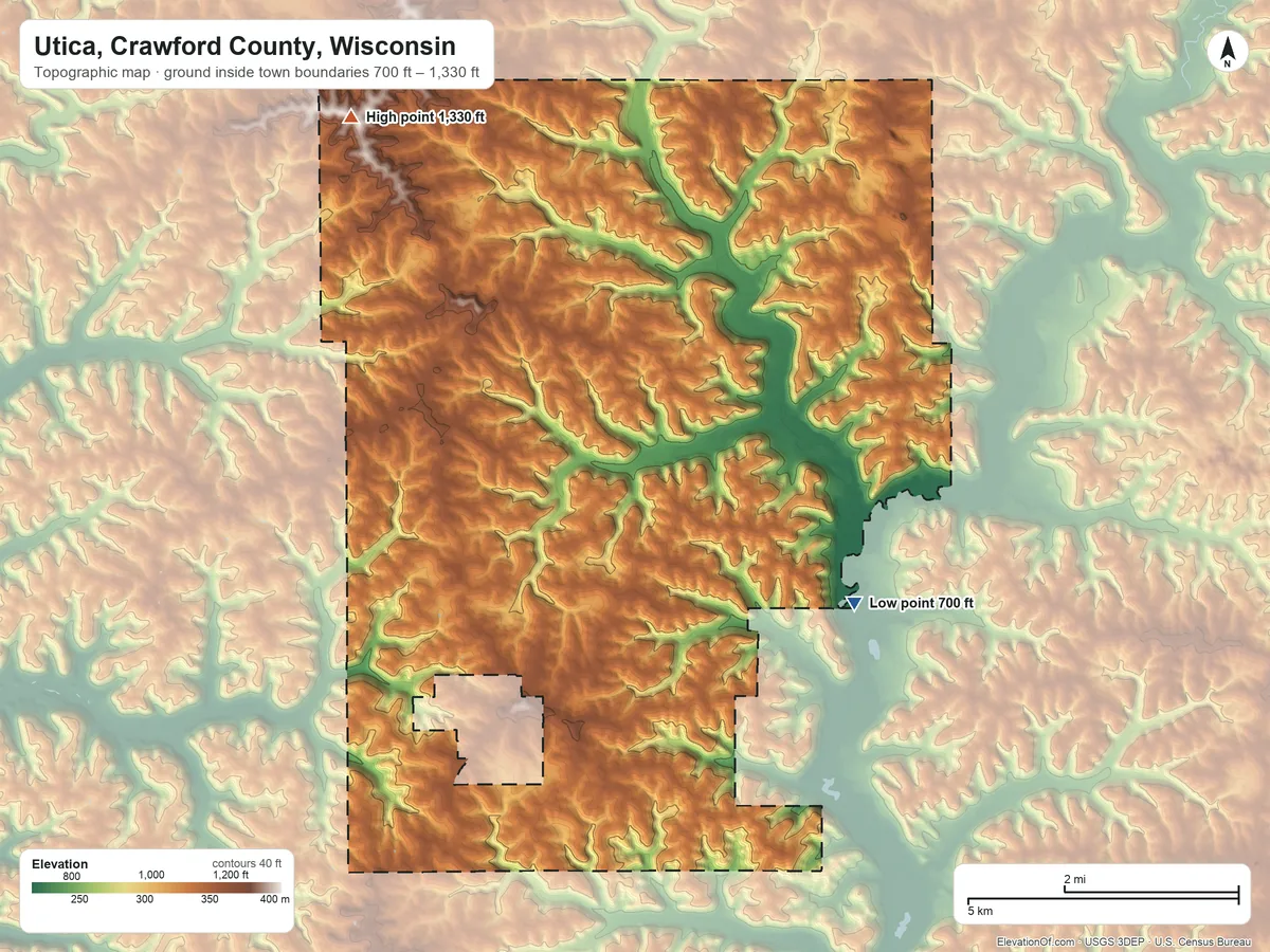 Topographic elevation map of Utica, Crawford County, Wisconsin, shaded from 700 ft on the southeast side to 1,330 ft on the northwest side