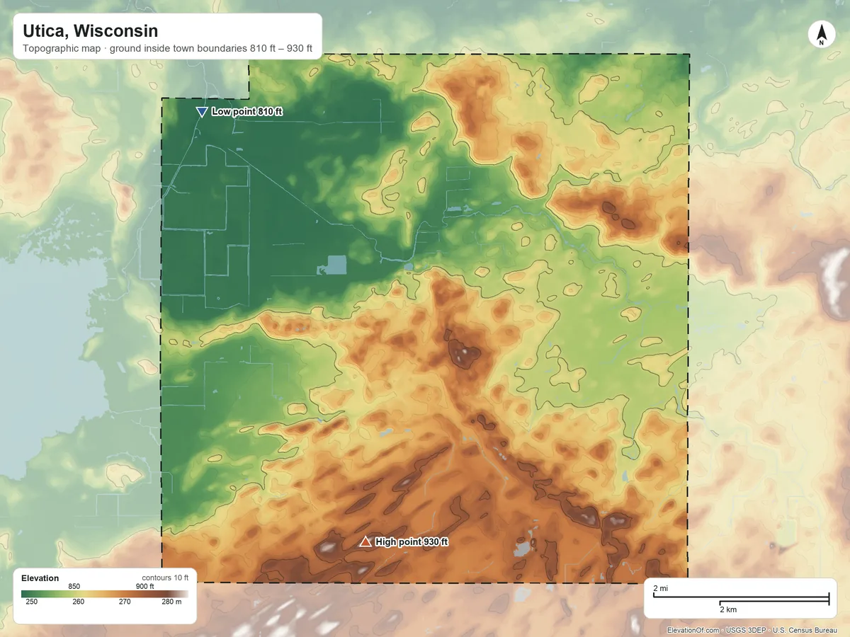 Topographic elevation map of Utica, Wisconsin, shaded from 810 ft on the northwest side to 930 ft on the southwest side