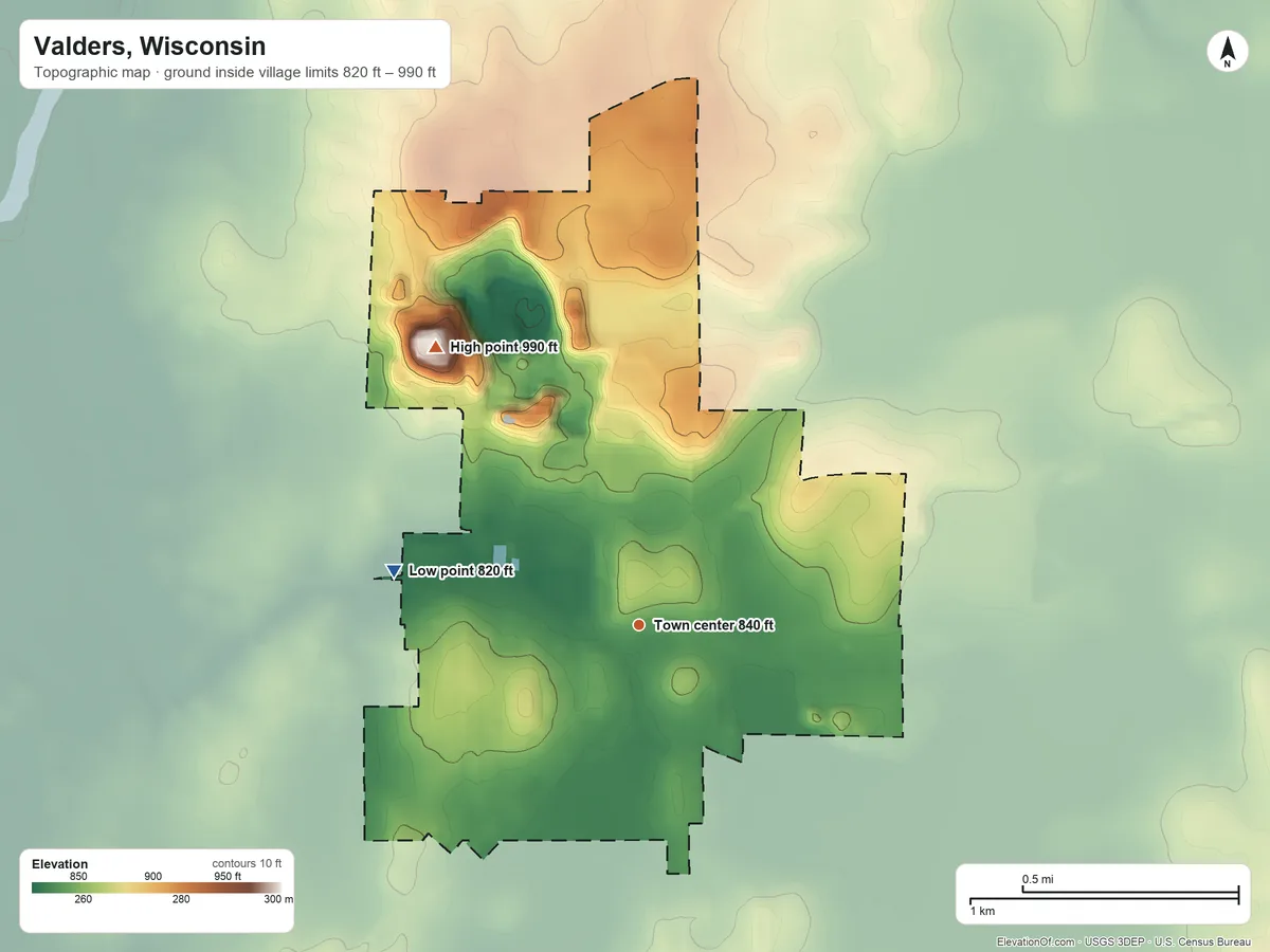 Topographic elevation map of Valders, Wisconsin, shaded from 820 ft on the west side to 990 ft on the northwest side