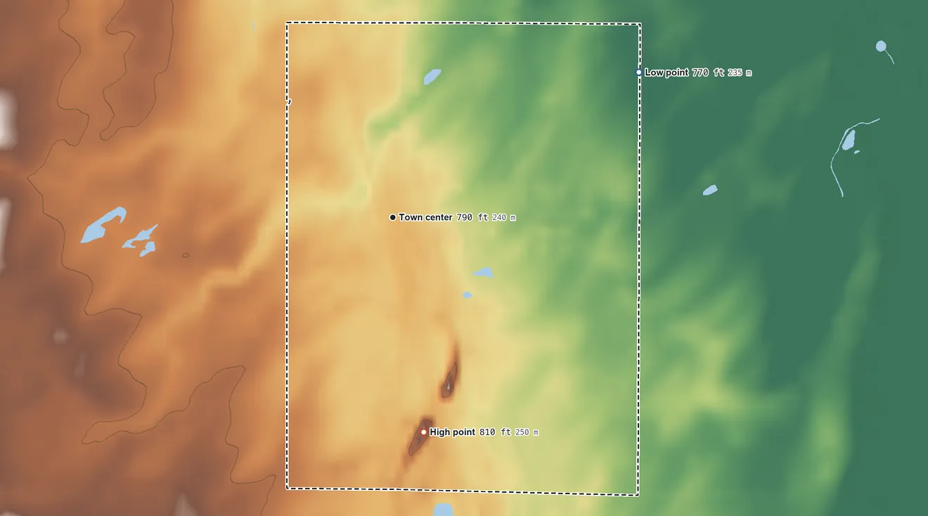 Topographic elevation map of Van Dyne, Wisconsin, shaded from 770 ft on the northeast side to 810 ft on the south side