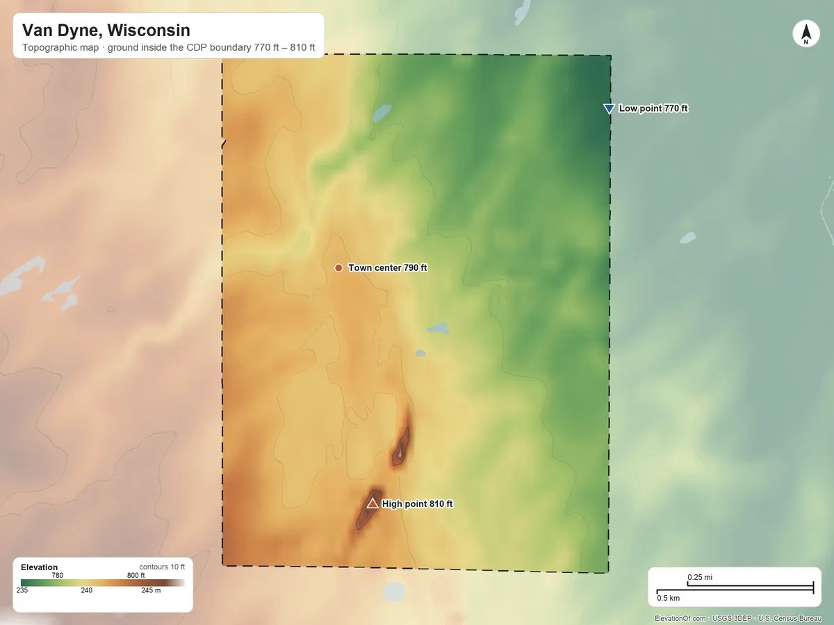 Topographic elevation map of Van Dyne, Wisconsin, shaded from 770 ft on the northeast side to 810 ft on the south side
