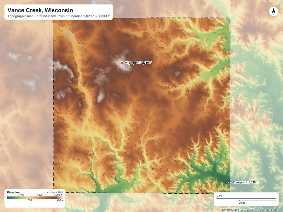 Topographic elevation map of Vance Creek, Wisconsin, shaded from 1,020 ft on the southeast side to 1,330 ft on the northwest side