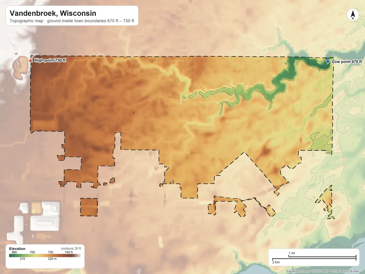 Topographic elevation map of Vandenbroek, Wisconsin, shaded from 670 ft on the northeast side to 750 ft on the northwest side