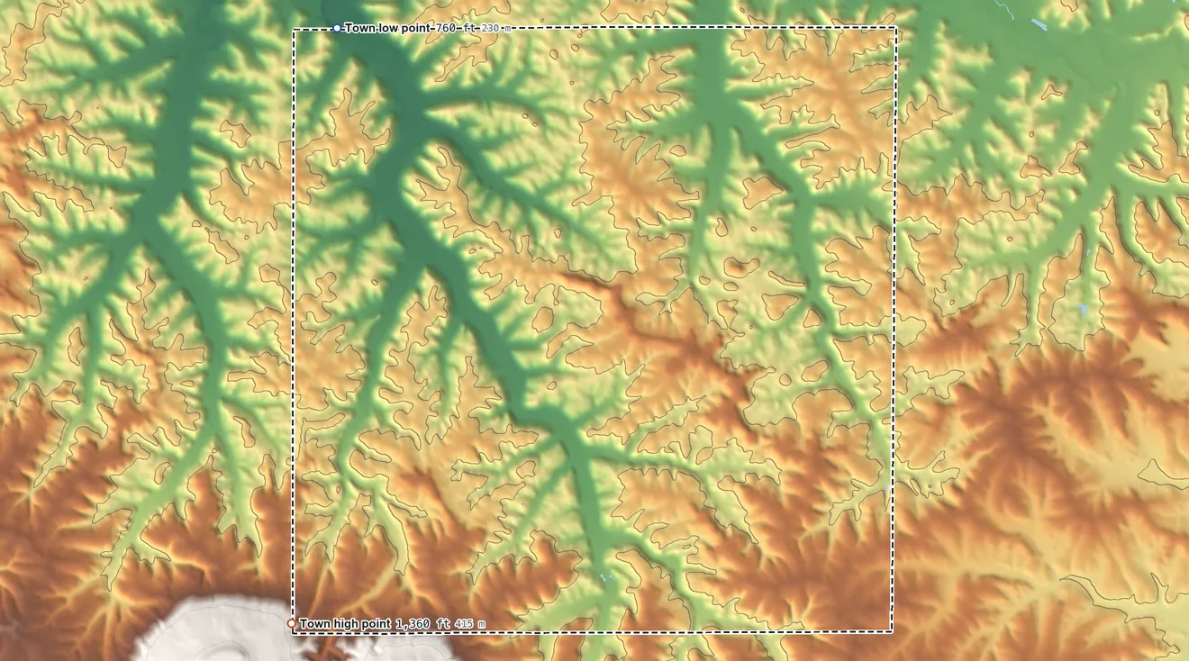 Topographic elevation map of Vermont, Wisconsin, shaded from 760 ft on the northwest side to 1,360 ft on the southwest edge, below higher ground just outside