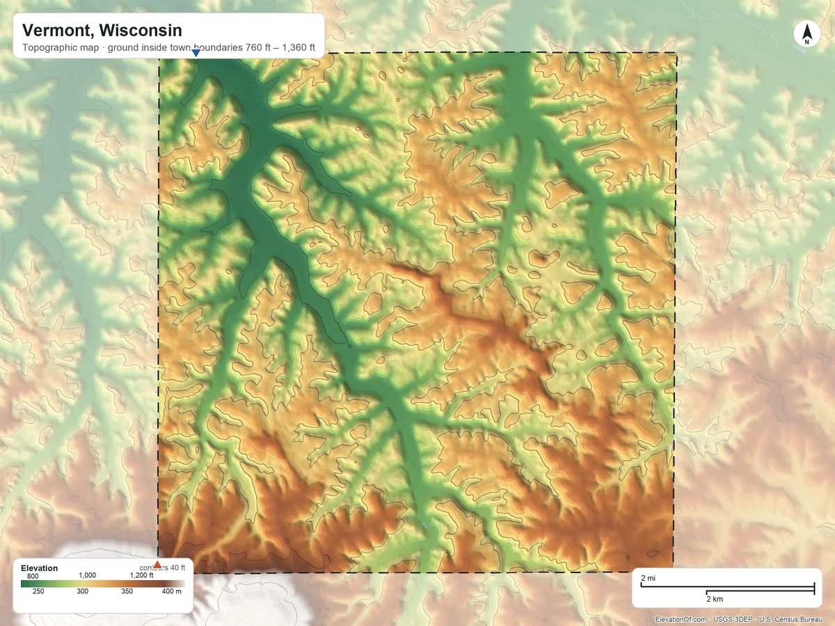 Topographic elevation map of Vermont, Wisconsin, shaded from 760 ft on the northwest side to 1,360 ft on the southwest edge, below higher ground just outside