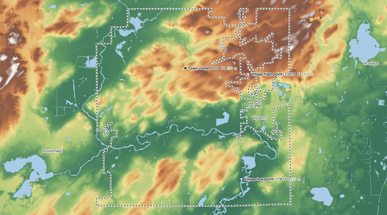 Topographic elevation map of Vernon, Wisconsin, shaded from 770 ft on the southeast side to 1,010 ft on the east side
