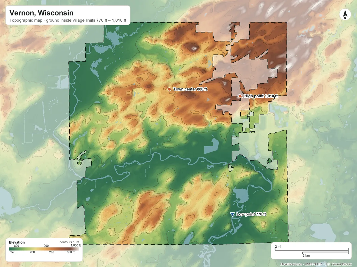 Topographic elevation map of Vernon, Wisconsin, shaded from 770 ft on the southeast side to 1,010 ft on the east side
